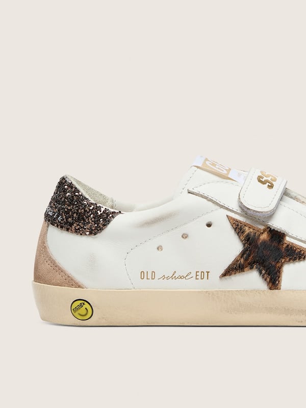 Golden Goose - Old School Junior in pelle bianca con stella in cavallino leopardato in 