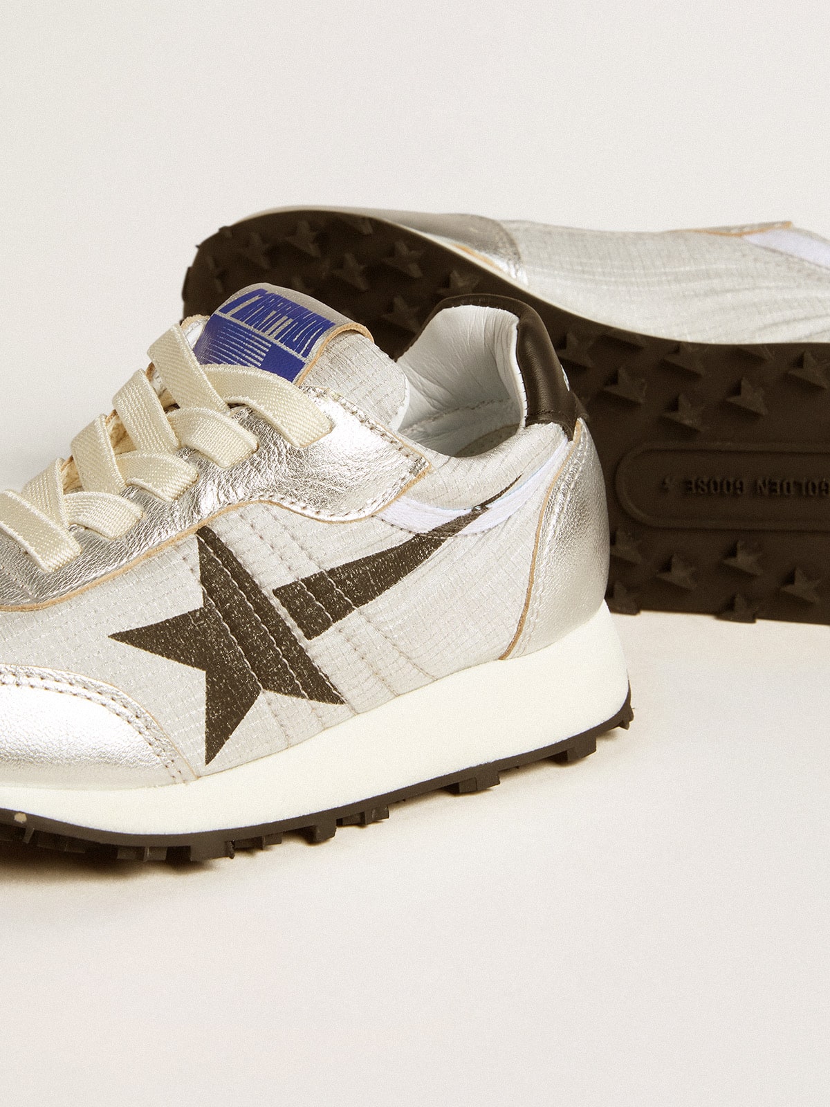 Golden Goose - Young Marathon in silver nylon with black star and leather heel tab in 