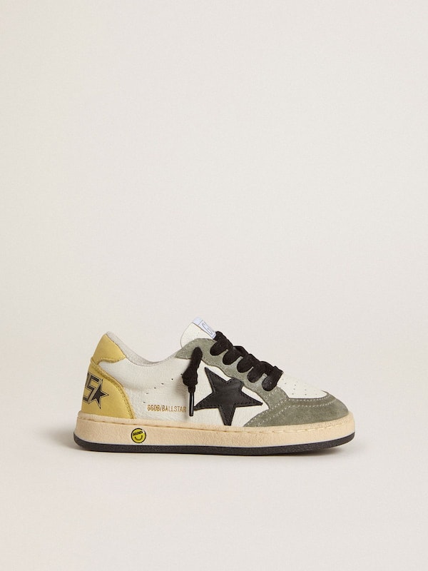 Golden Goose - Ball Star Young in white nappa with dark green suede inserts and black star in 