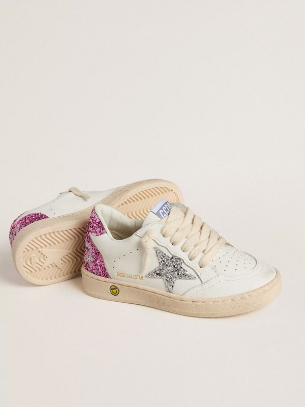 Golden Goose - Young Ball Star with silver glitter star and pink glitter heel tab in 