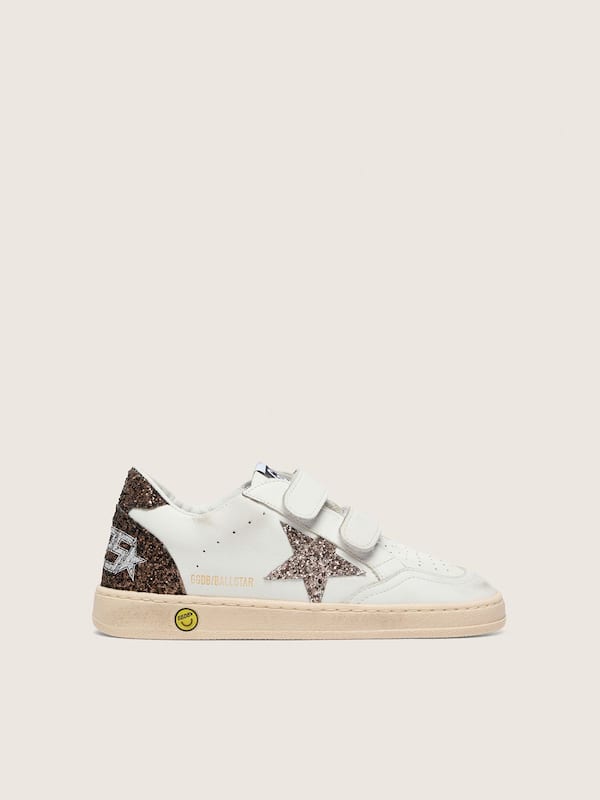 Golden Goose - Young Ball Star in white leather with dove-gray glitter star and brown glitter inserts in 