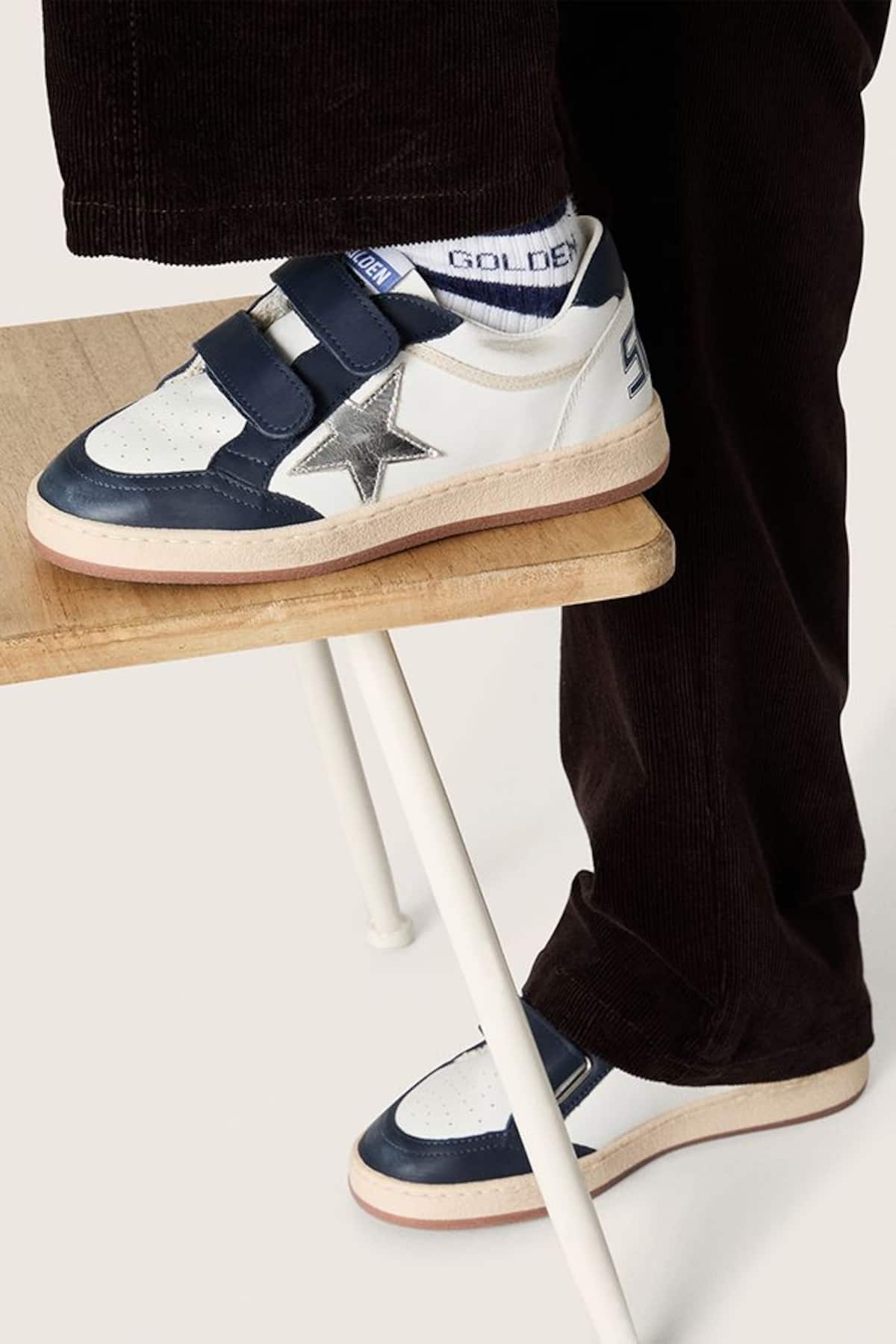 Golden Goose - Young Ball Star in white leather with metallic silver leather star and dark blue leather inserts in 
