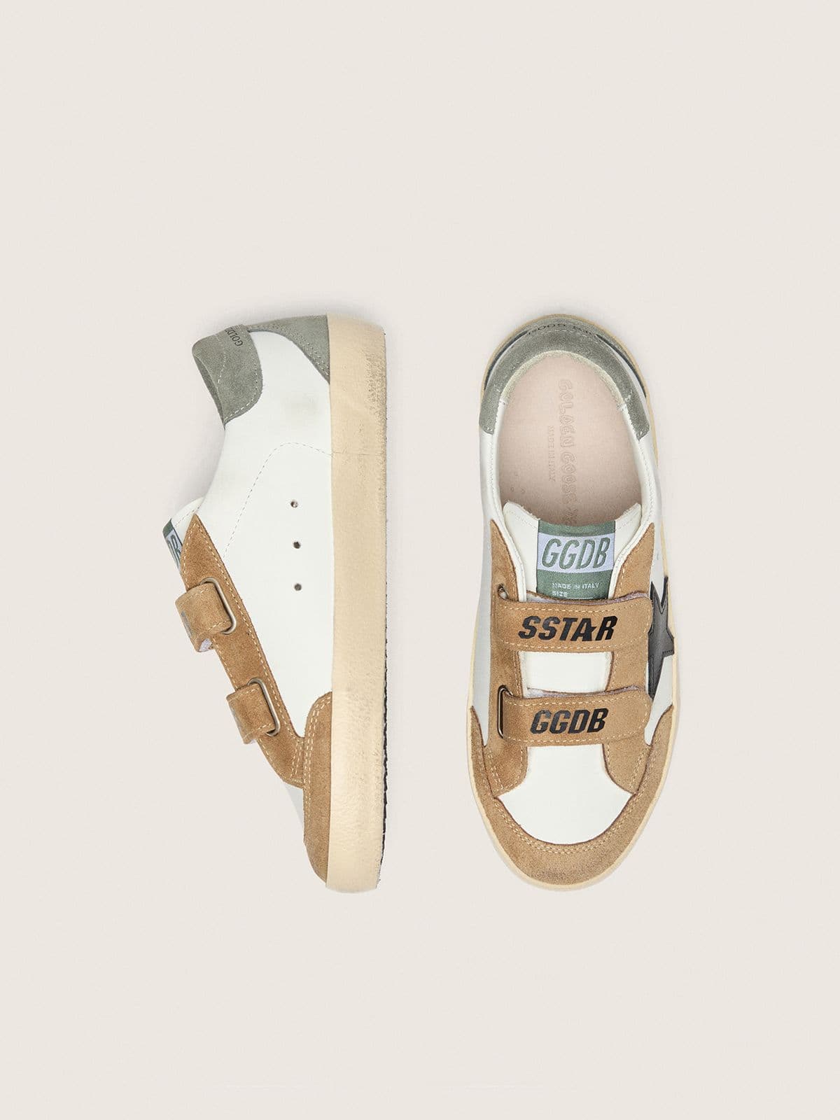 Old School Young avec étoile en cuir noir et empiècements en cuir velours beige et vert