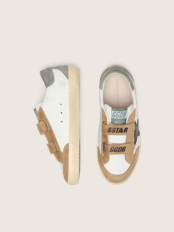 Golden Goose - Young Old School with black leather star and beige and green suede inserts in 