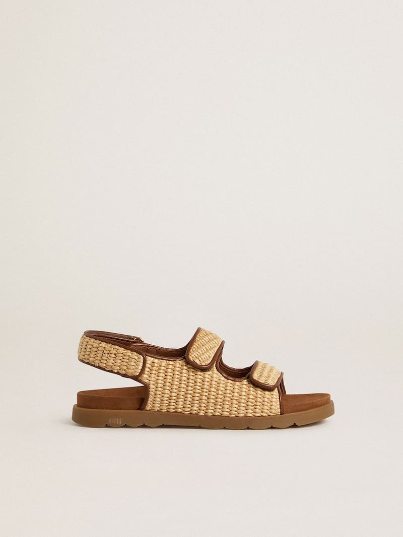 Young Noa sandals in beige raffia and brown leather