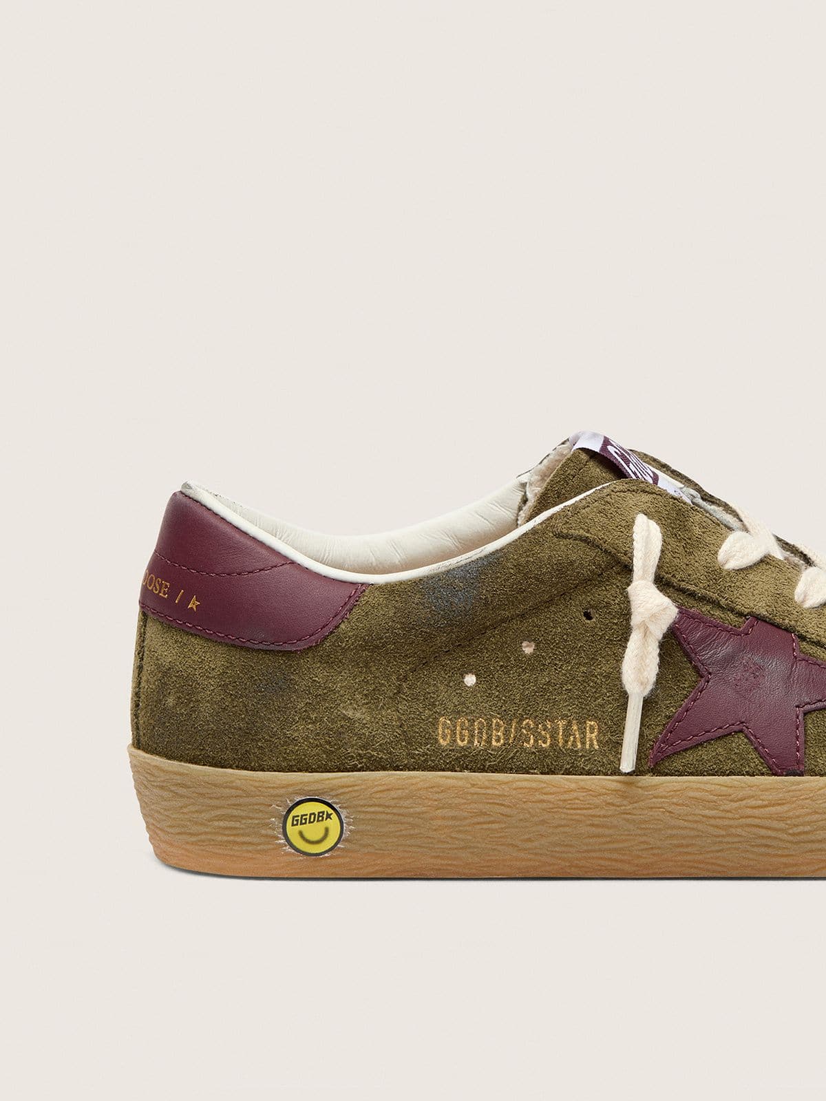Young Super-Star military-green suede with burgundy leather star and heel tab