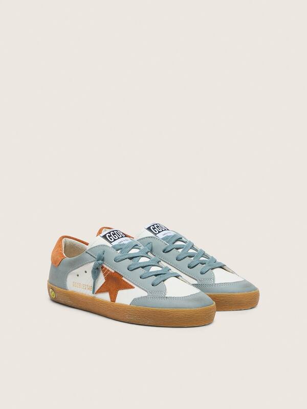Golden Goose - Young Super-Star in white and ice-blue leather with orange suede star in 