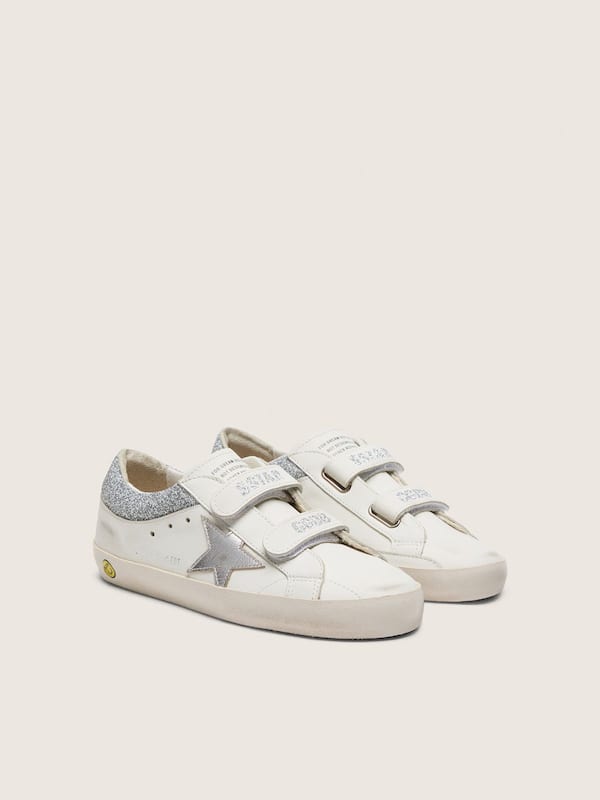 Golden Goose - Young Old School in white leather with metallic silver leather star and silver crystal inserts in 