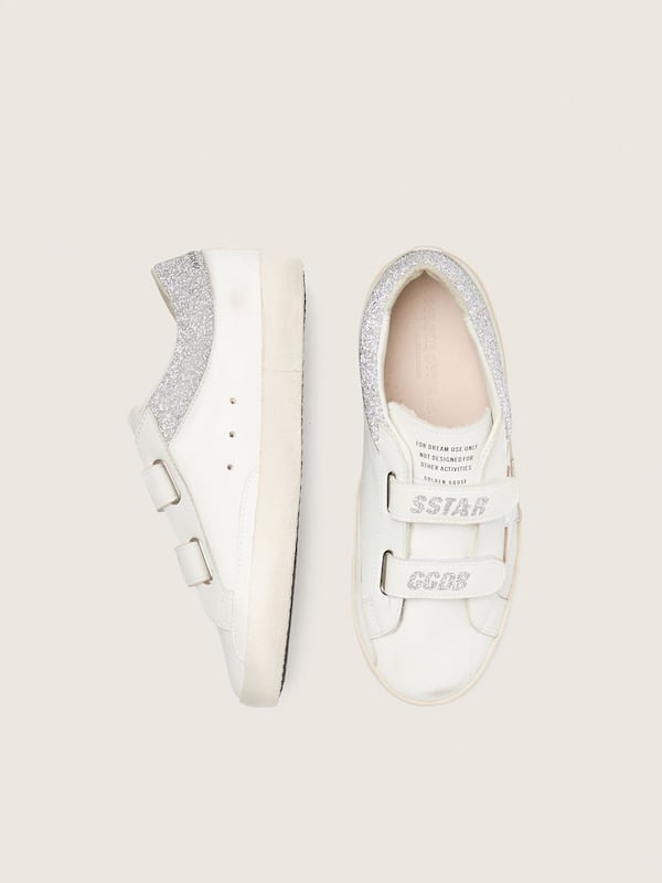 Golden Goose - Young Old School in white leather with metallic silver leather star and silver crystal inserts in 