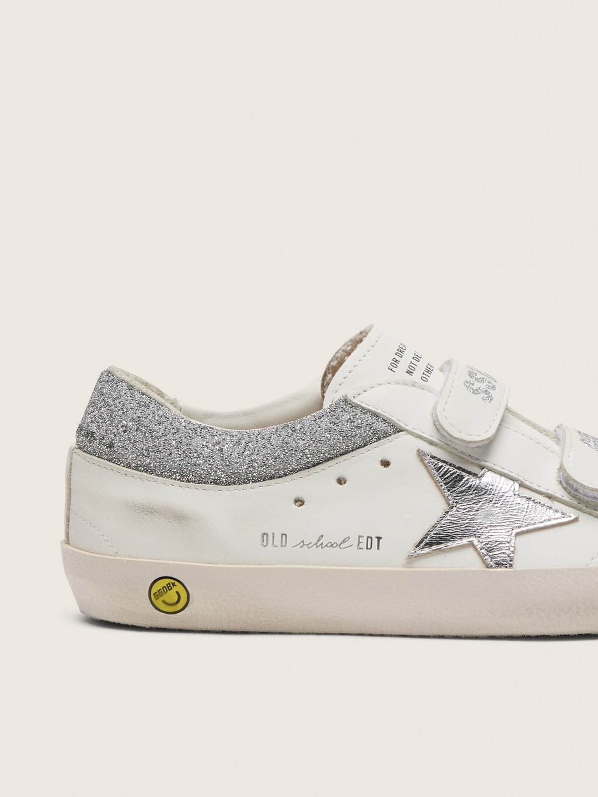 Golden Goose - Old School young in pelle bianca con stella in pelle laminata argento e inserti con cristalli argento in 