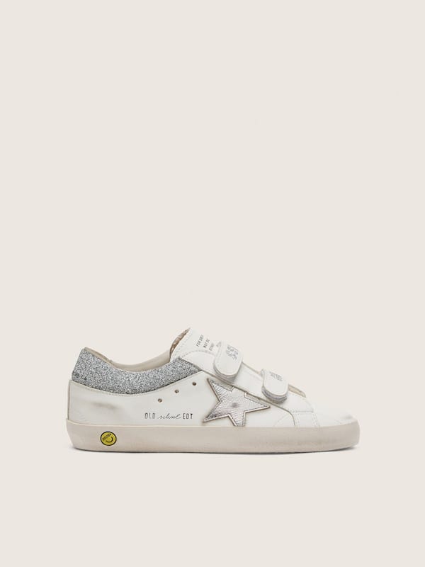 Golden Goose - Young Old School in white leather with metallic silver leather star and silver crystal inserts in 