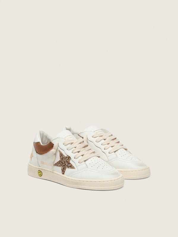 Golden Goose - Young Ball Star in white leather with gold glitter star and orange laminated leather inserts in 