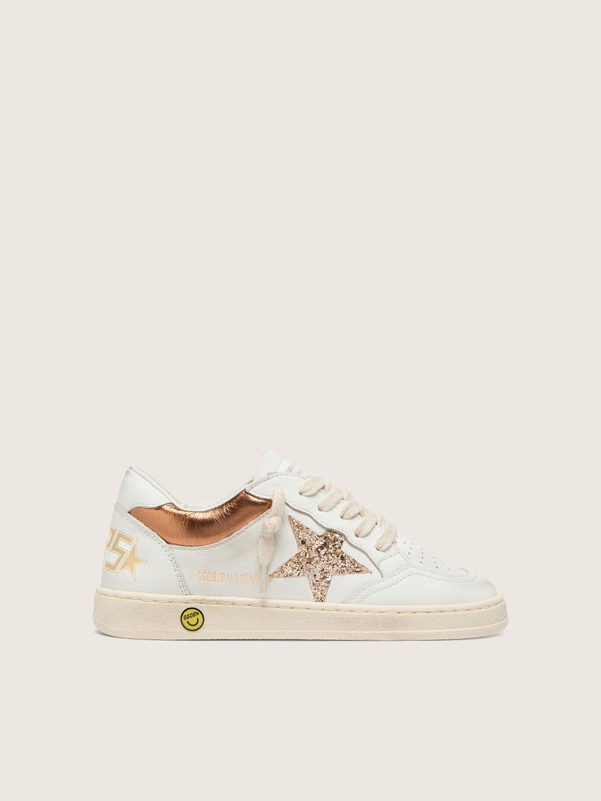 Golden Goose - Young Ball Star in white leather with gold glitter star and orange laminated leather inserts in 