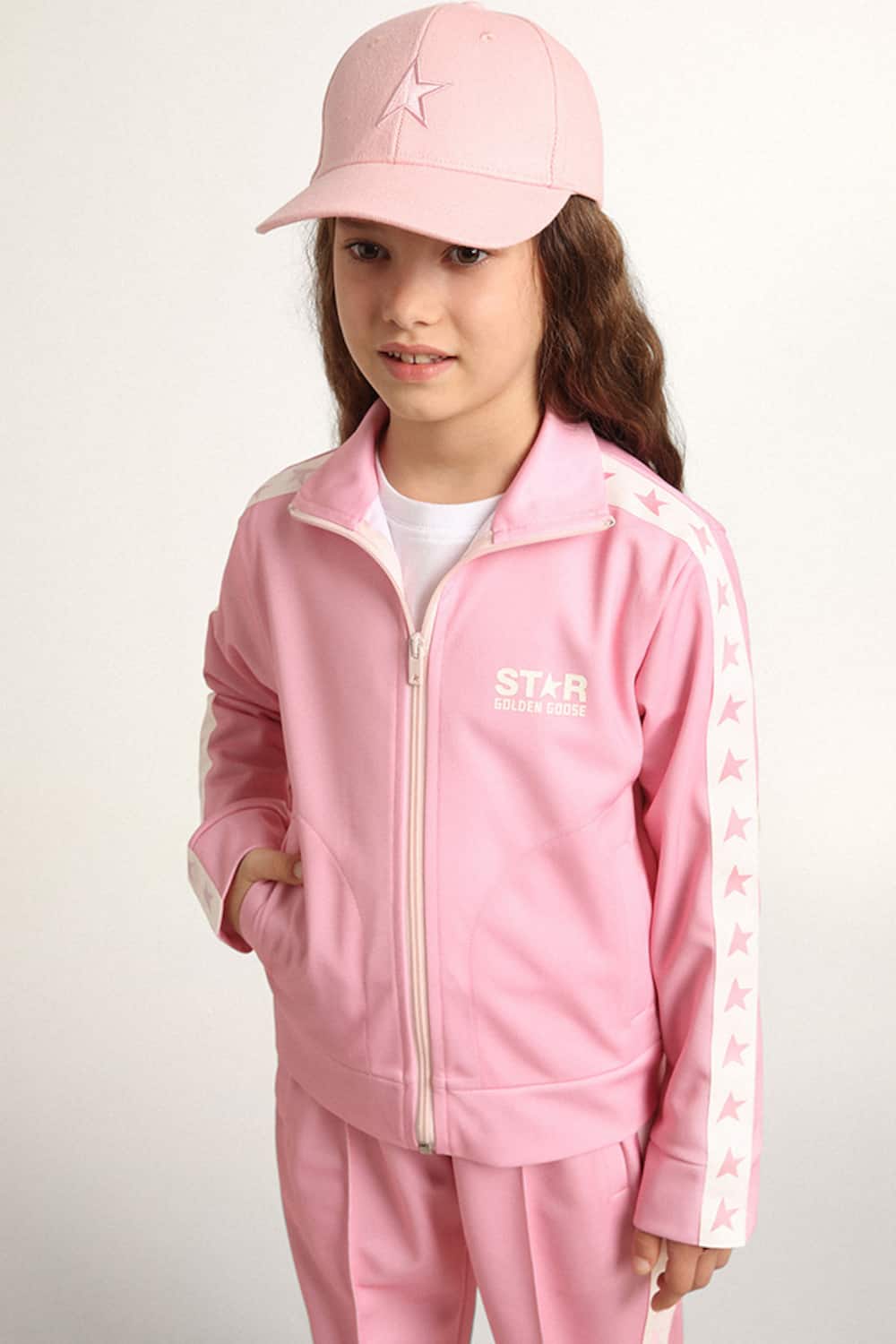 Golden Goose - Pink zipped sweatshirt with white strip and pink stars in 