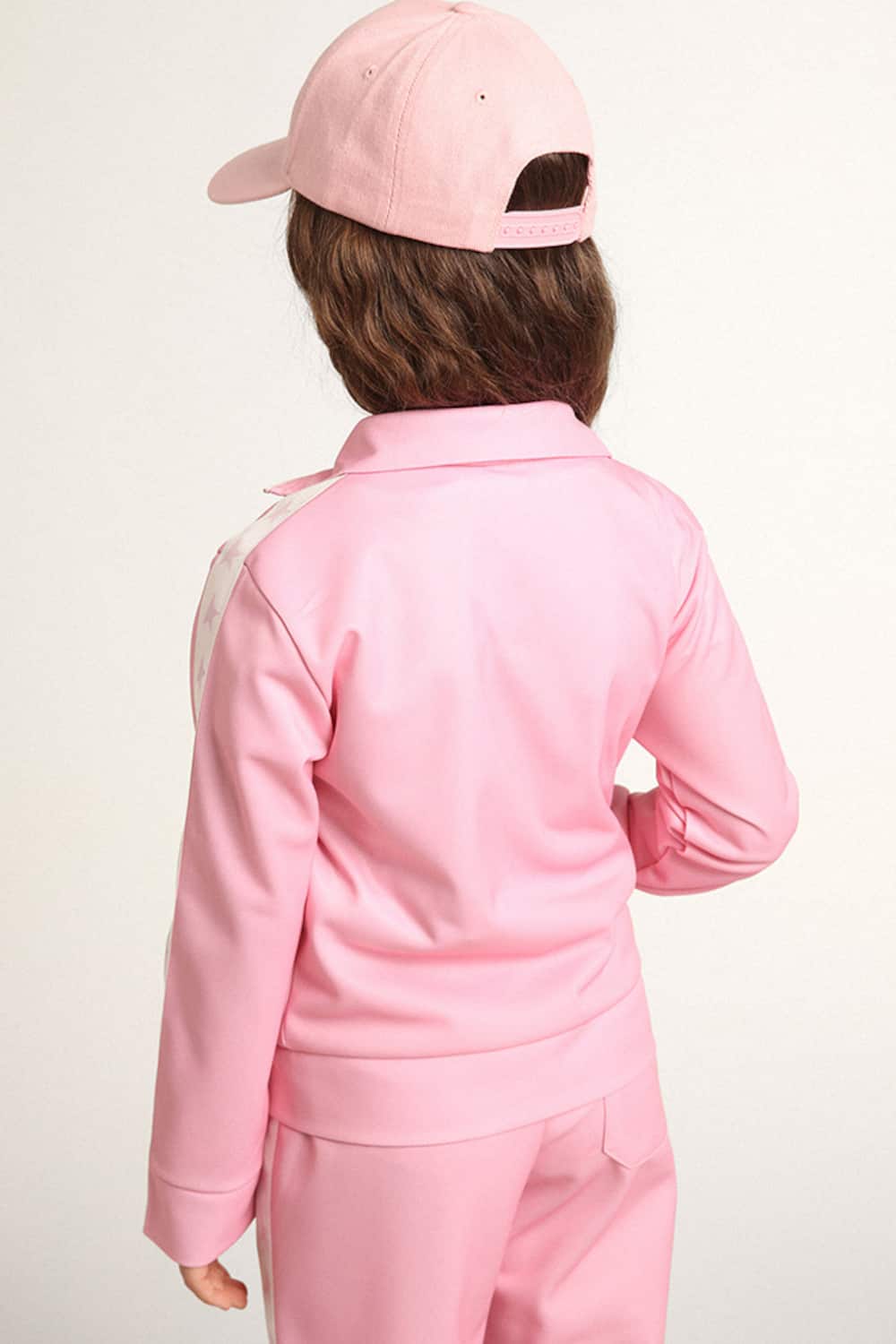 Golden Goose - Sweat-shirt rose avec fermeture à glissière, bande blanche et étoiles roses in 