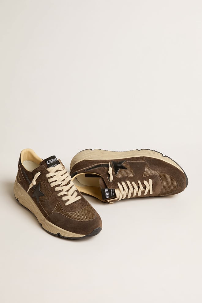 Golden Goose - Running Sole Uomo in rete e suede marroni con stella in pelle lucida nera in 
