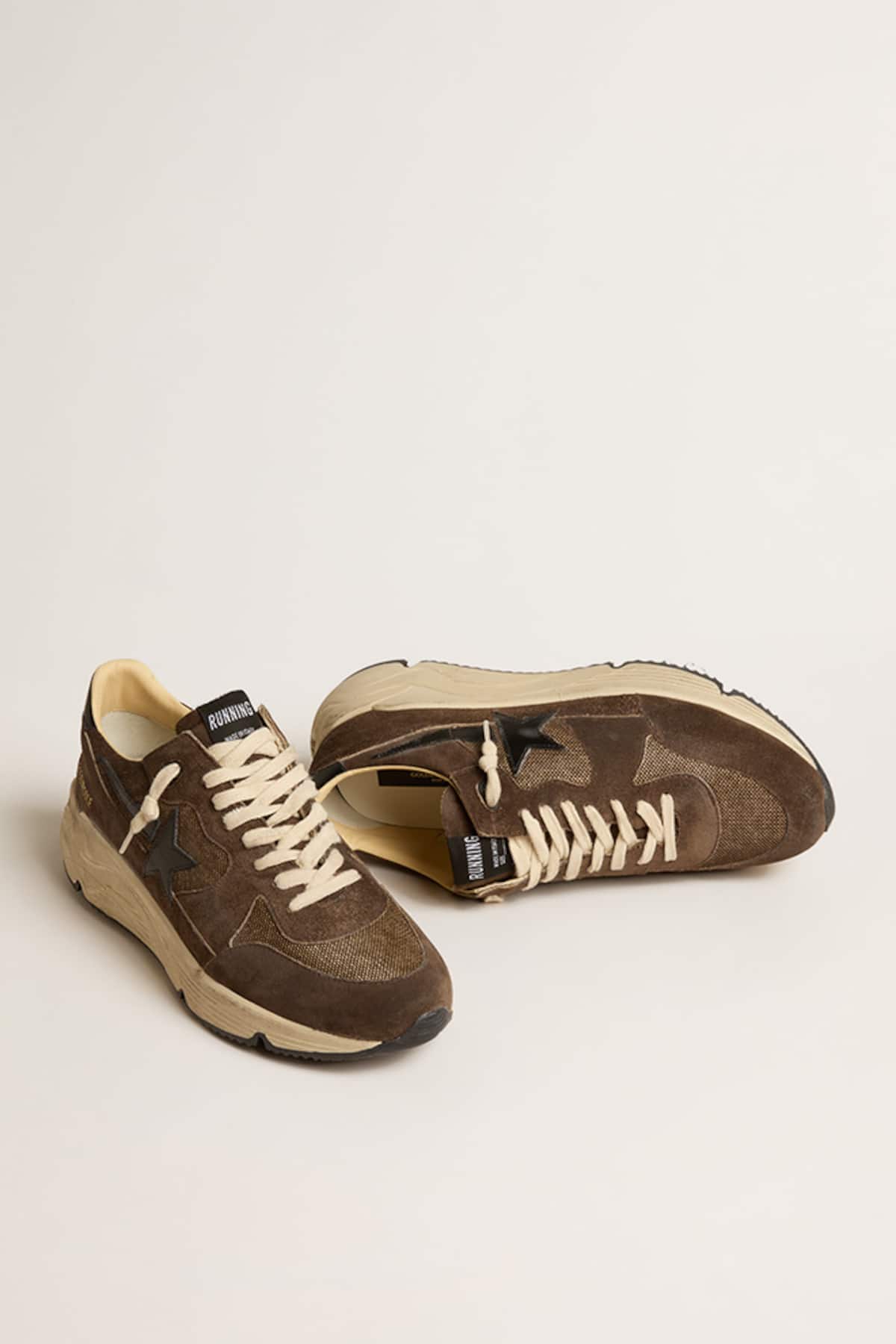 Golden Goose - Running Sole Uomo in rete e suede marroni con stella in pelle lucida nera in 