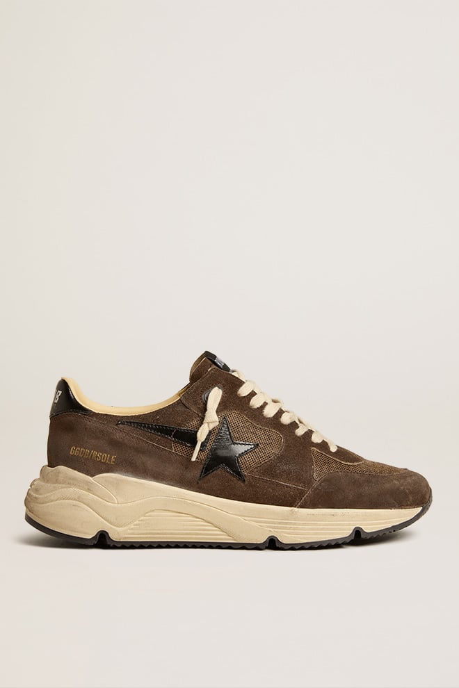 Golden Goose - Running Sole Uomo in rete e suede marroni con stella in pelle lucida nera in 
