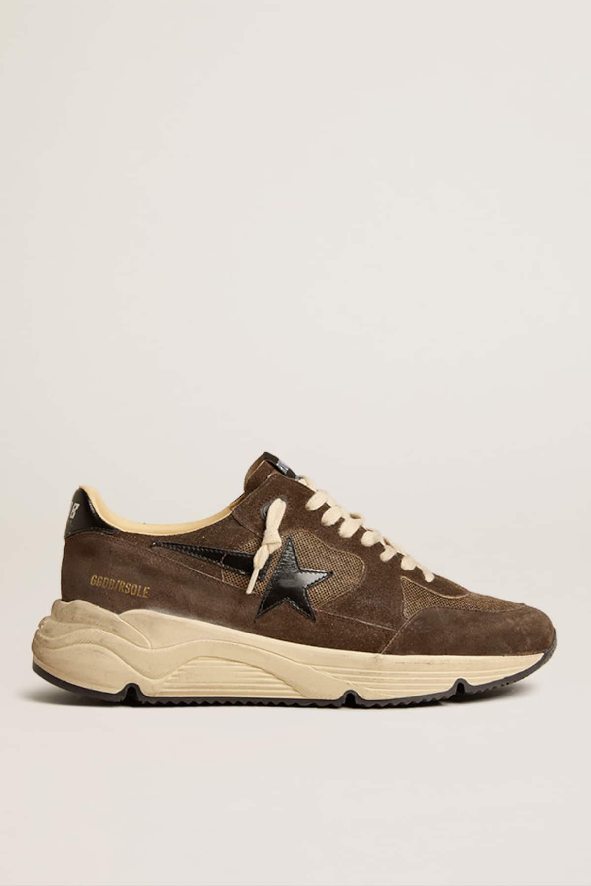 Golden Goose - Running Sole Uomo in rete e suede marroni con stella in pelle lucida nera in 