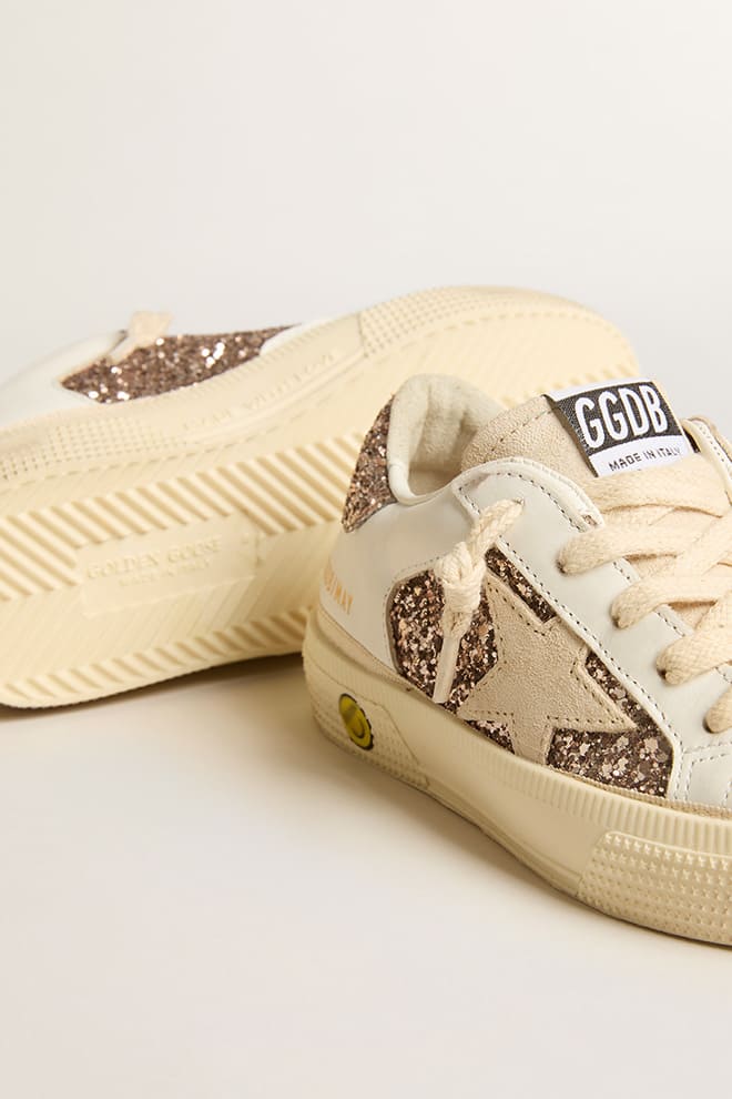 Golden Goose - May Teen in white leather and rose gold glitter with beige suede star in 