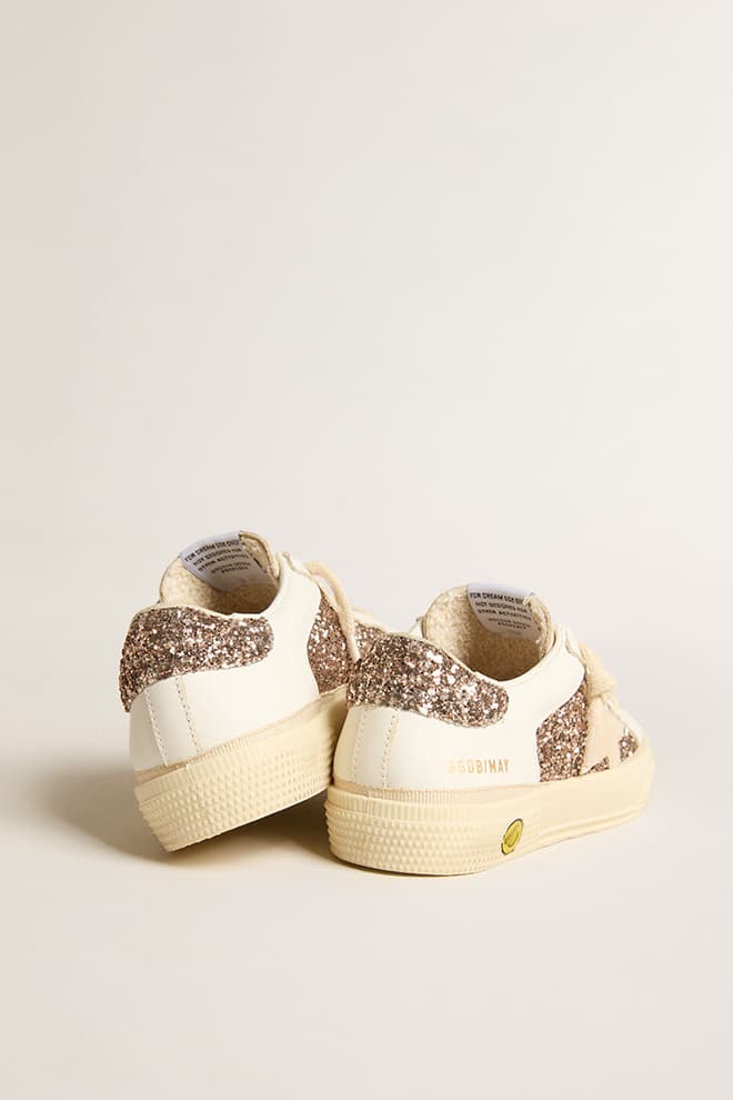 Golden Goose - May Teen in white leather and rose gold glitter with beige suede star in 