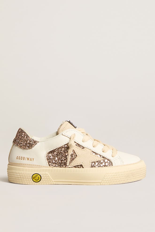 Golden Goose - May Teen in white leather and rose gold glitter with beige suede star in 