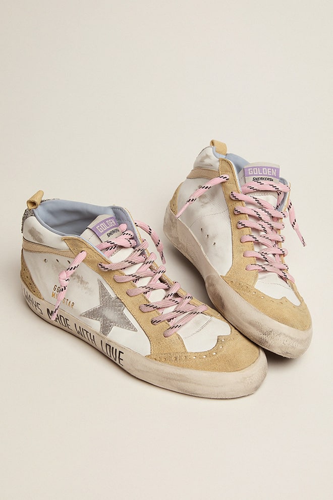 Golden Goose - Mid Star with silver star and cream snake-print leather flash in 