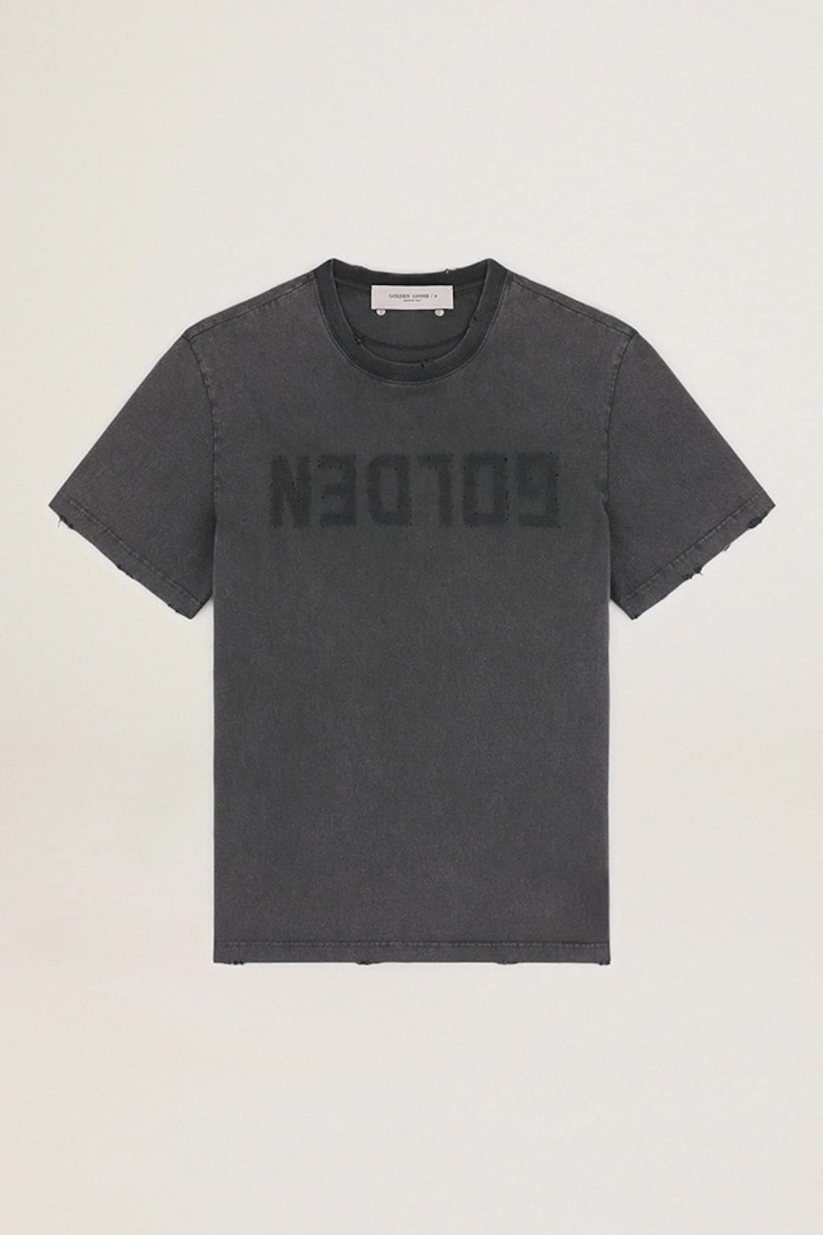 Golden Goose - Regular-fit anthracite gray distressed-look T-shirt with Golden lettering on the front in 