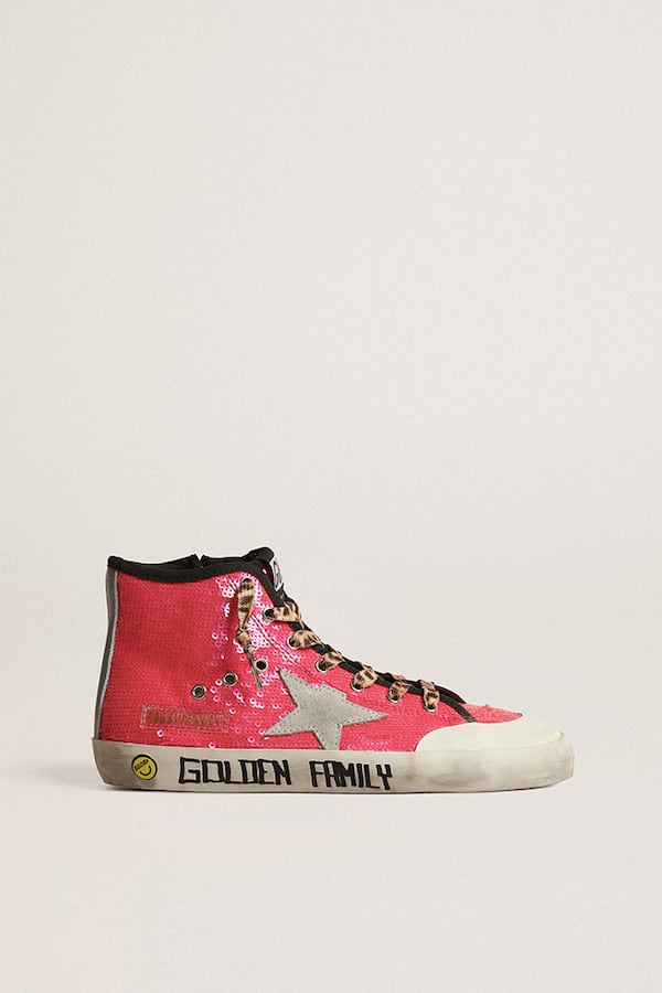 Golden Goose - Young Francy Penstar in fluorescent pink sequins with hand lettering on the sole in 